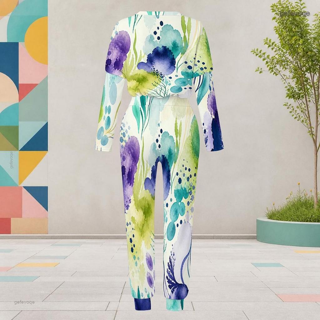 Women Plus Size Printed Round Neck Long Sleeve Two Piece Set Cuffed Top Cuffed Pants With Pockets