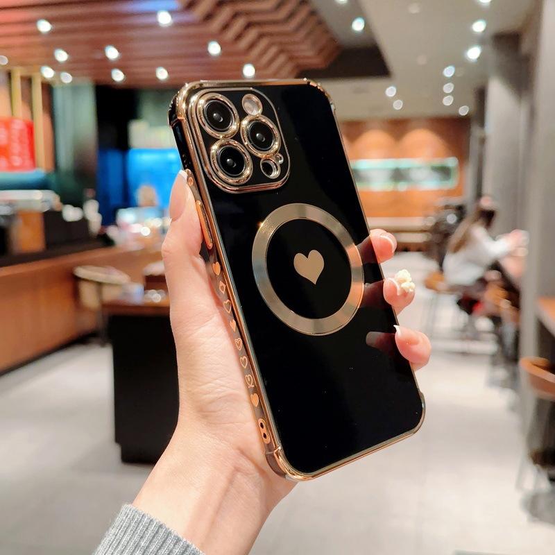 Applicable to iPhone17Pro electroplating side love mobile phone case Apple 16 all-inclusive CD pattern magnetic protective case 15