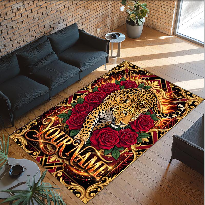 Leopard Theme Crystal Velvet Floor Rug Personalized Custom Name Text Warm Carpet Home Decoration