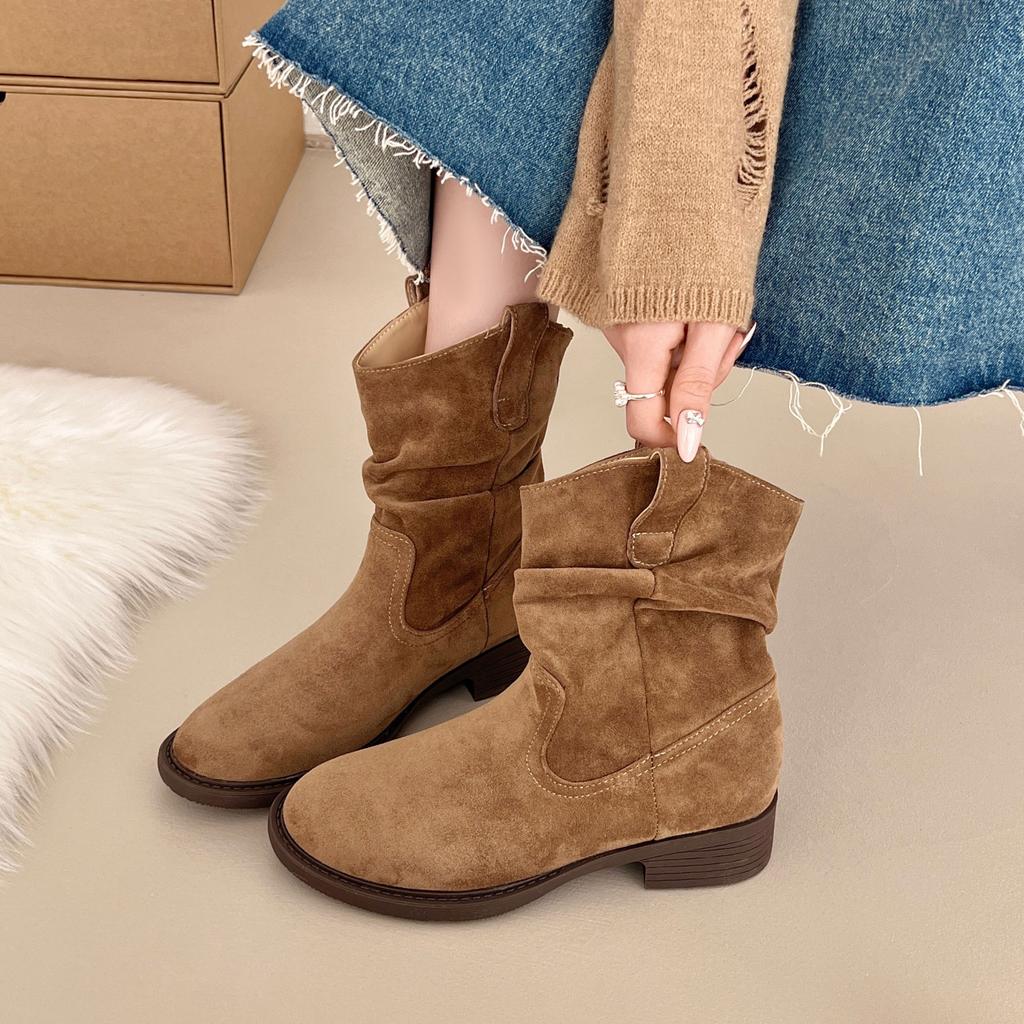 Short Tube Stacking Boots Women's 2025 Autumn New Retro Round Head Pleated Casual Mid Tube Western Cowboy Boots