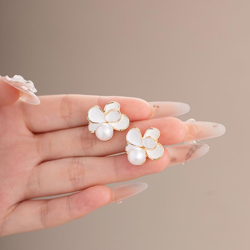 Retro French Pearl Enamel Flower Earrings for Women