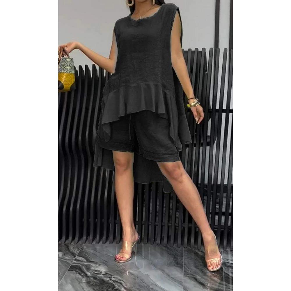 Summer New Women's Two-piece Sleeveless Fashion Set High-waisted Loose Shorts