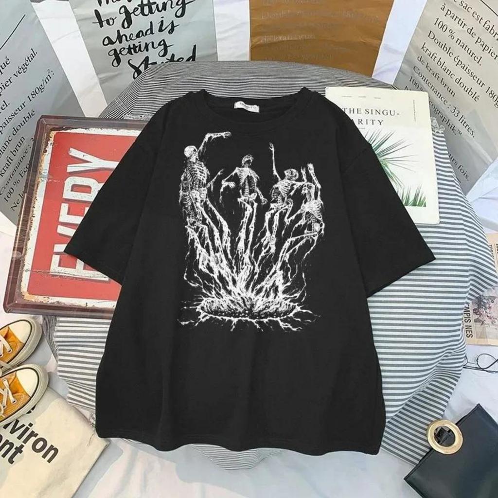 T-shirt Stampa Teschio Streetwear Gotico Estiva Larga Uomo Donna T-shirt Punk Dark Grunge Top Harajuku Y2k Abbigliamento