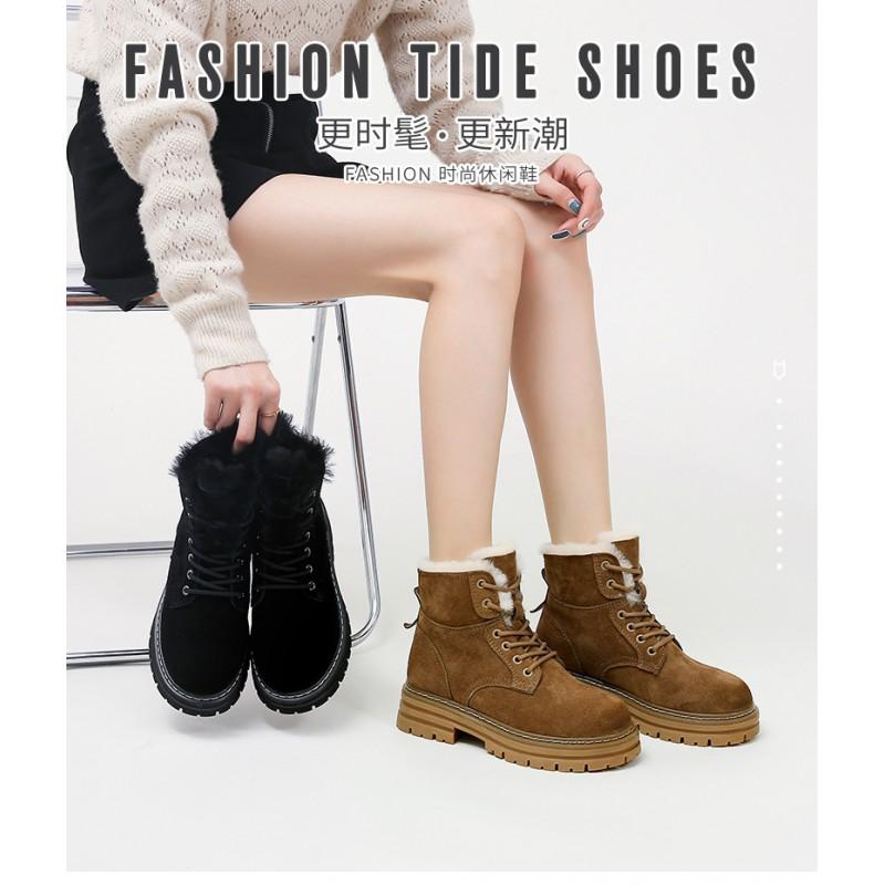 Womens Winter Warm Faux Suede Martin Boots With Fleece Lining Chunky Sole Round Toe Lace-Up Mid-Calf