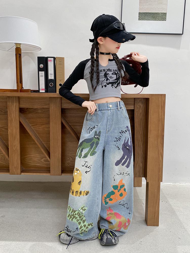 Girls' Graffiti Wide-Leg Jeans - Spring/Autumn Casual Fashion Pants