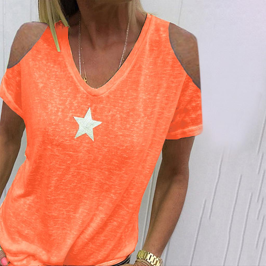 

Fashion Women V-Neck Star Print Off Shoulder Short Sleeves T-Shirt Blouse Tops S оранжевый