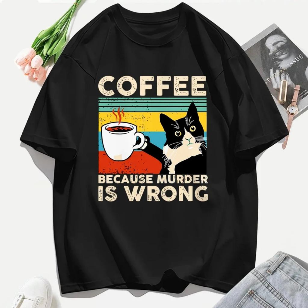 A Cat That Drinks Coffee And Works Printed T-Shirt Soft All-Match T Shirts Cotton Casual Clothing Crewneck Oversize Top