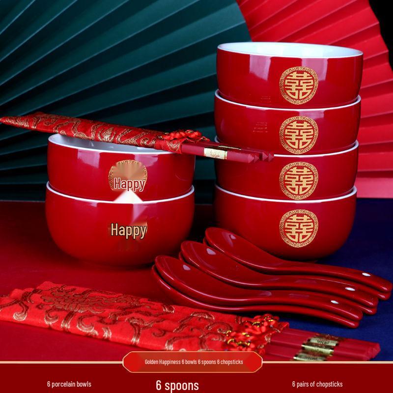 Red Wedding Bowls & Chopsticks Set - Bride's Dowry