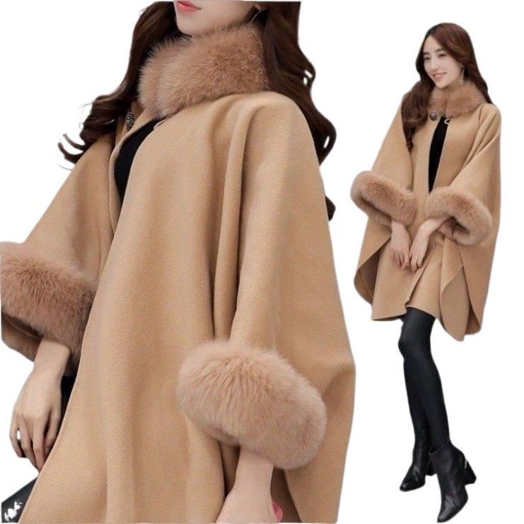 Hepburn Style Mid-Length Wool Coat with Imitation Fur Collar for Women