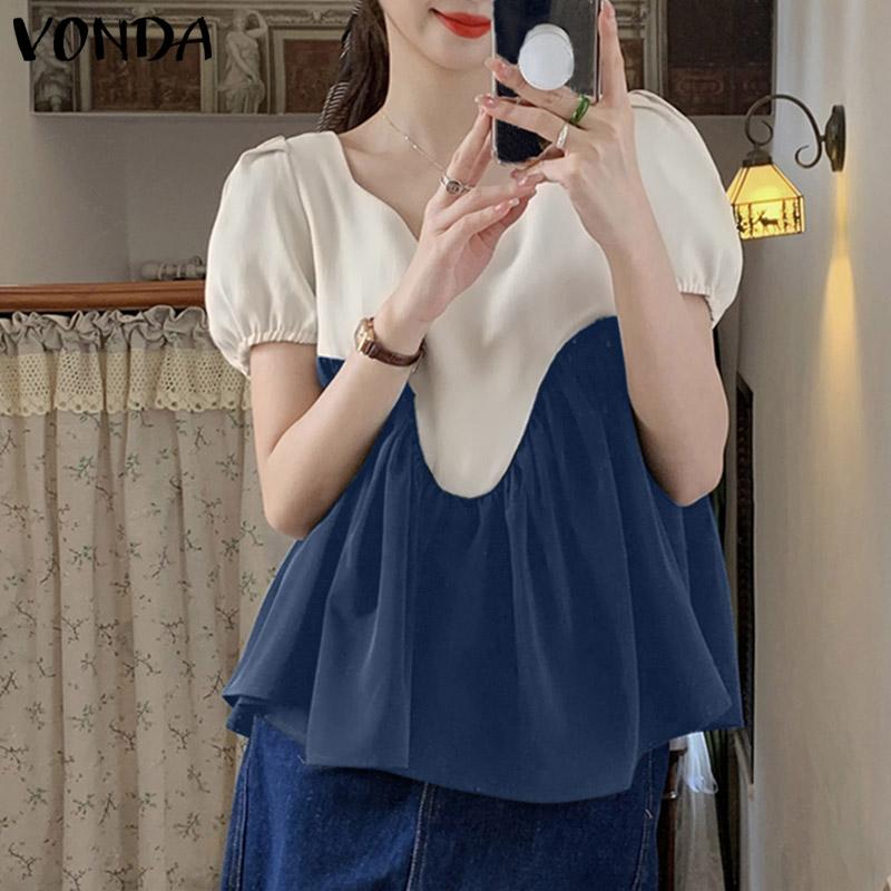 

VONDA Женщины V Вырез Пышные рукава Летние топы Цветное сращивание