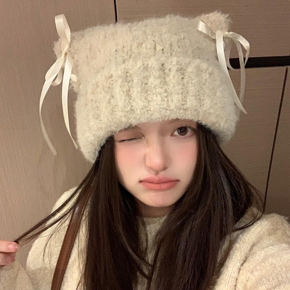 Sweet Bow Ribbon Pullover Hat Windproof Plush Beanie Fashionable Knitted Beanie  for Women Girl