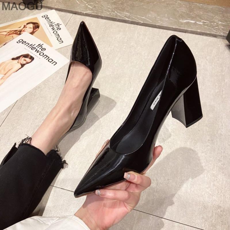 Scarpe da Donna Pelle Verniciata Slip-On Tacco Chunky Tacchi Alti per Signore Punta Acuta Poco Profonde Sexy Décolleté Eleganti Nere