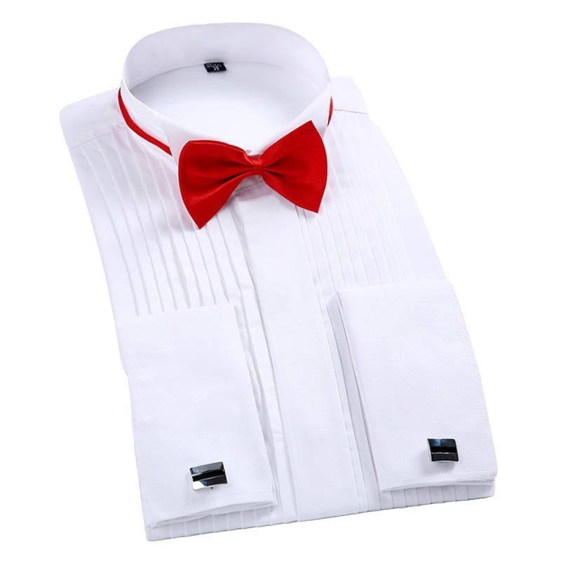 British Style Bow Tie Ceremonial Wedding Evening Dress Shirt with French Cuffs - Autumn Business Wear Top