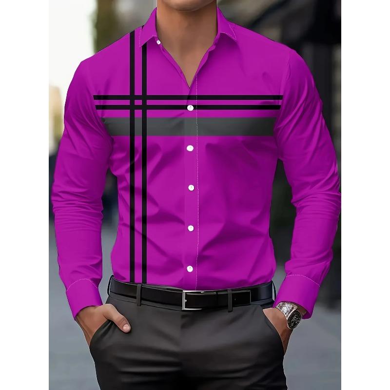 Men's Casual Dress Shirt with Modern Striped Design Regular Fit Long Sleeve Button-Up, Machine Washable for Spring Fall Office