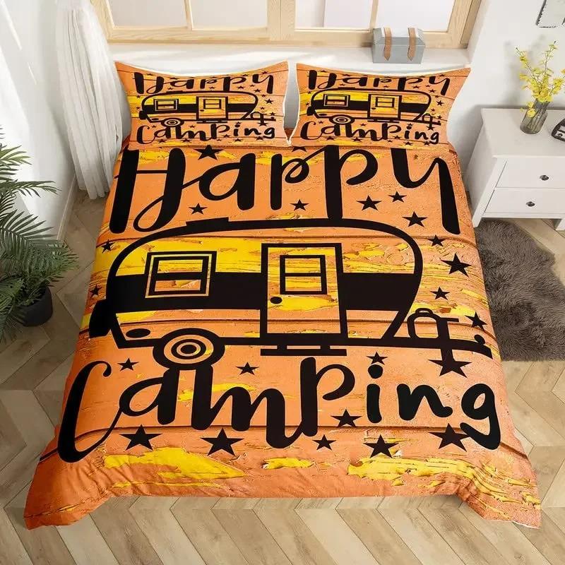 Happy Camping Bedding Set Camper Car Duvet Cover King Queen Microfiber Smoky Mountain Wood Print Quilt Cover Set For Girls Boys