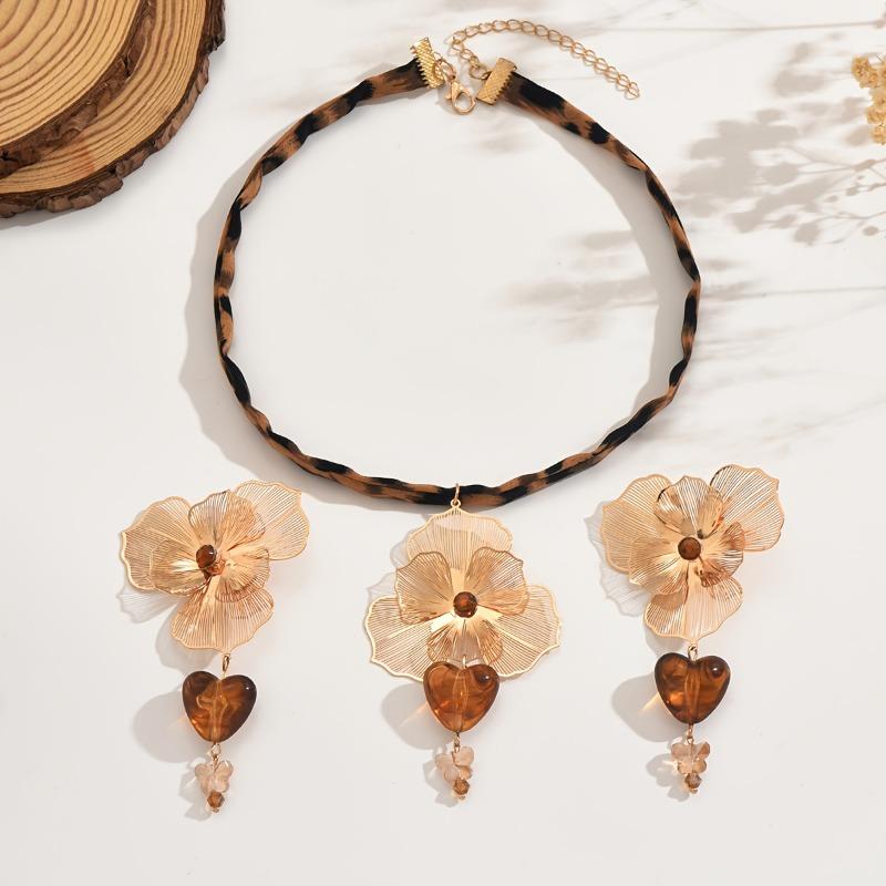 1SET/3PCS French Retro Style Handmade Flower Love Leopard Print Necklace Earrings Set