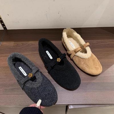 Fairy Plush Female Autumn and Winter New Flat-bottomed Soft-soled Mary Jane Shoes Warm Cotton Shoes