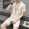 Men's Summer Cotton Linen V-neck T-shirt and Pants Two-piece Set - Plus Size