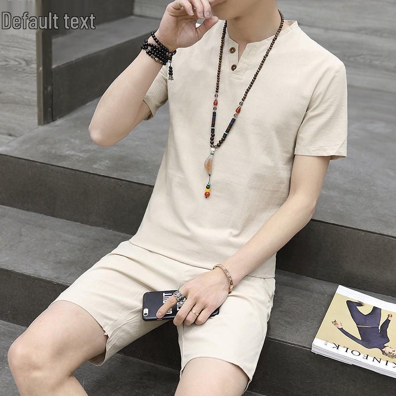 Men's Summer Cotton Linen V-neck T-shirt and Pants Two-piece Set - Plus Size