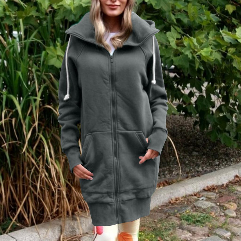 Women's Fashion Jacket Casual Solid-color Long-sleeved Cardigan Hoodie Long Coat
