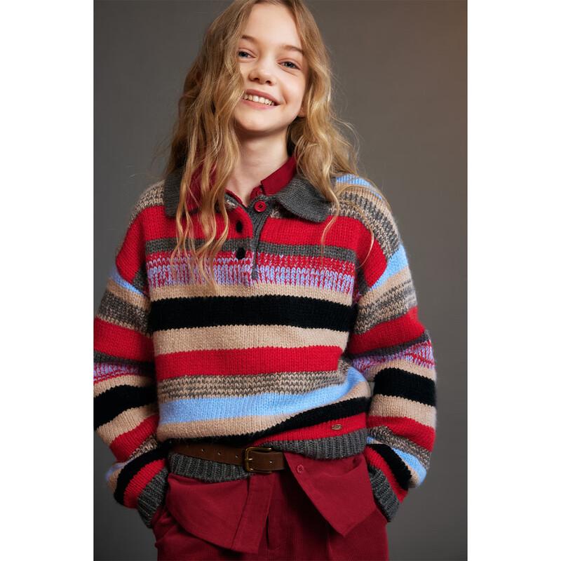 ELLE KIDS Girls' Striped Retro Polo Knit Sweater