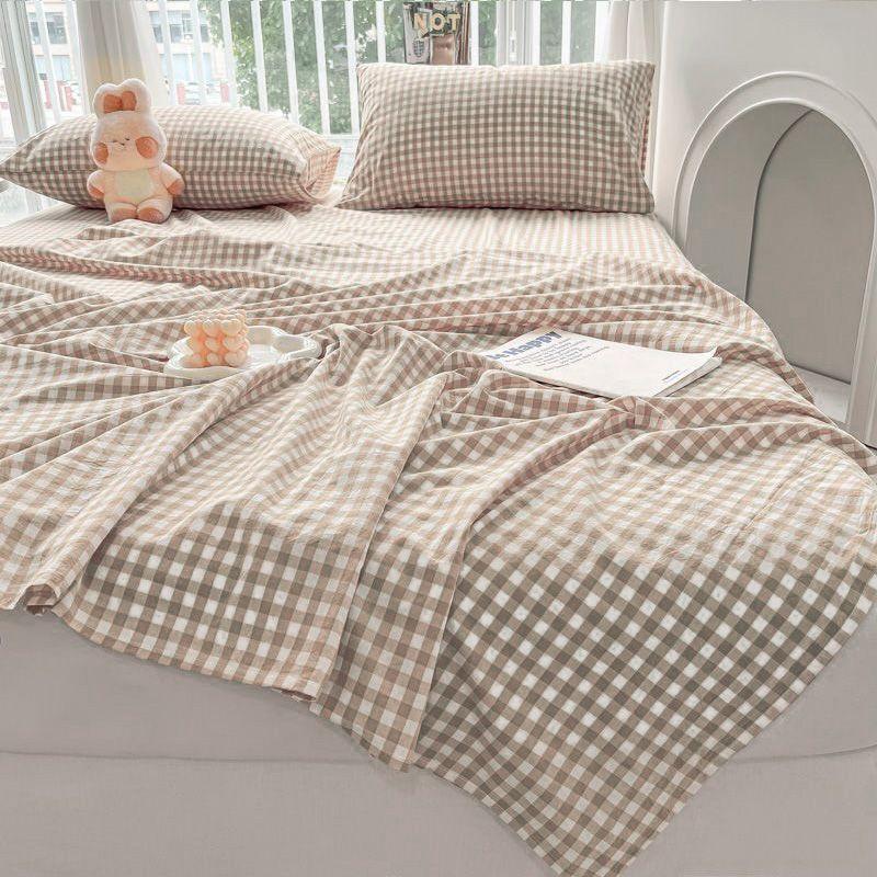 Cream Style Plaid Solid Non-slip Bed Sheet For Student Dorm Single Double Household Bed