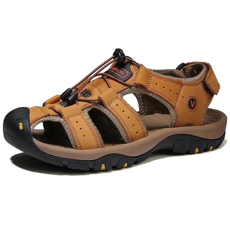 Sandalen für Herren Sommer Herren Sandalen Outdoor Strand Leder Herrenschuhe Urlaub Klassisch Walking Flach Baotou Atmungsaktive Sandalen Schuhe