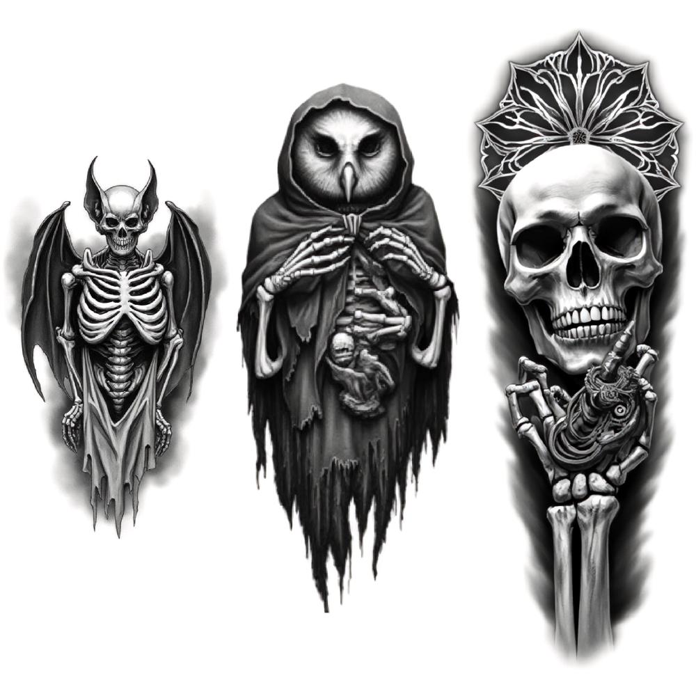 3 Stück Temporäre Tattoos Realistische Temporäre Tattoos Skelettkauz Schädel Mit Schlange Mechanischer Schädel Für Oberschenkel Arme Frauen