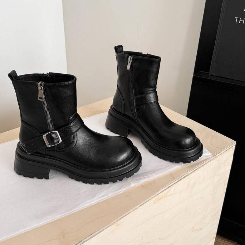 New leather black Martin boots side zipper thick-soled non-slip low boots versatile medium heel round head large size Martin boots