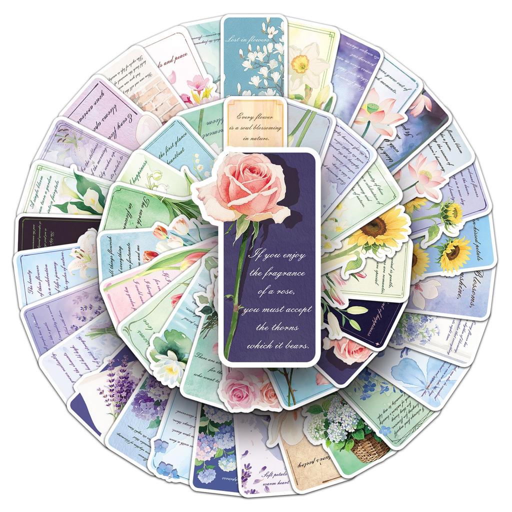 51pcs Floral Doodle Bookmark Stickers - English Labels for Decoration & Journals