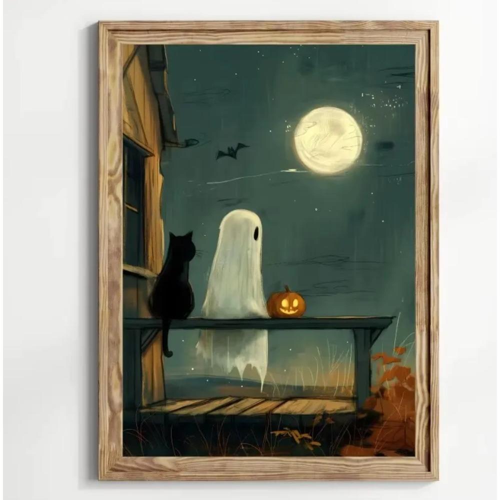 Stampa su Poster Foresta Gatto Nero Fantasma Fiori Selvatici Pittura su Tela Zucca Halloween Spettrale Arte Dark Academia Stanza Arredamento Casa