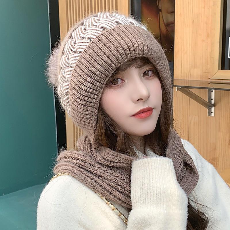 New Winter One-piece Knitted Hat Women's Thermal Hat Fleece Thickened Snow Hat Scarf Integrated Ear Protection Wool Hat