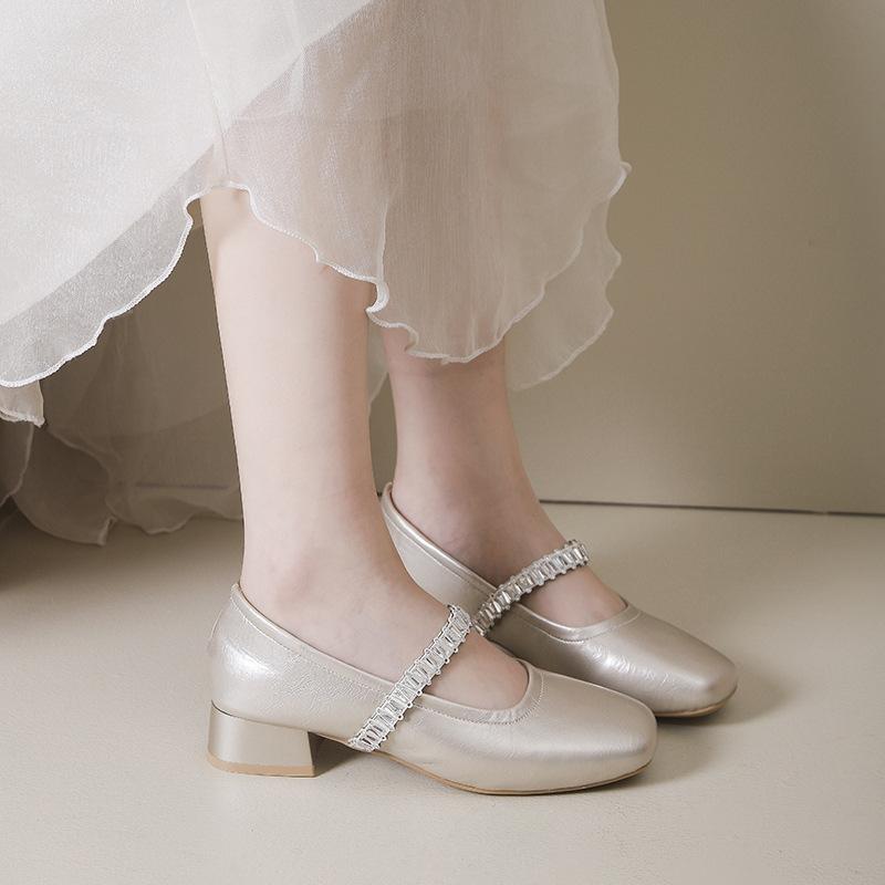 

French thick heel rhinestone Mary Jane shoes women s 2025 summer and autumn new square head shallow mouth single shoes small leather shoes evening 40 золотой