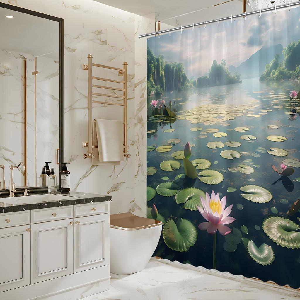 Enchanting Lotus Pond Bath Curtain - Serene Water Lilies & Mountain View,Waterproof Home Decor Adds Tranquility To Your Bathroom