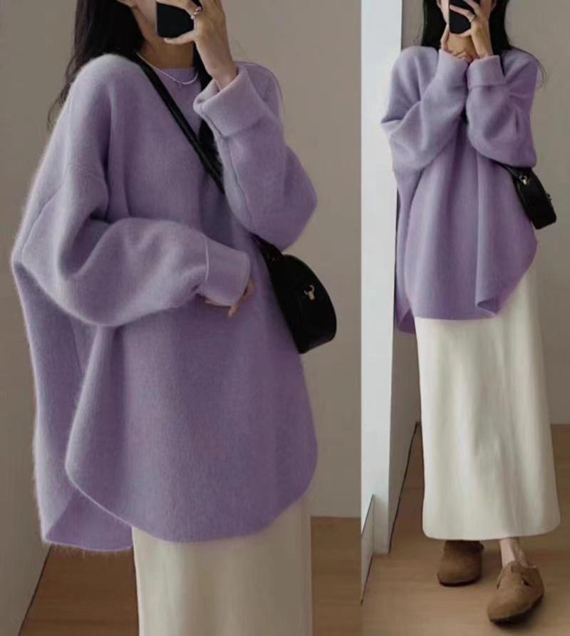 Women's Wool Knit Sweater - Korean Style Loose Pullover, Round Neck, Versatile Pure Color for Autumn/Winter
