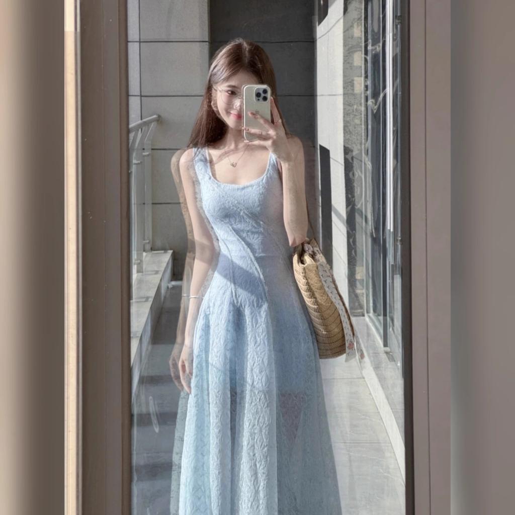 French Blue Square Neck Suspender Dress Women's Summer Vacation Dress Slim Waist Skirt Gentle Wind Fluffy Long Dress