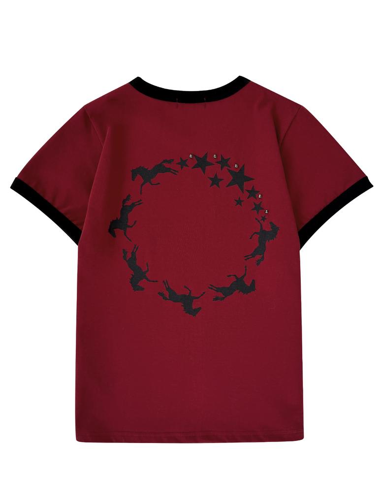 Lupeu Color Block Logo Horse Print Ringer Short Sleeve T-Shirt Red