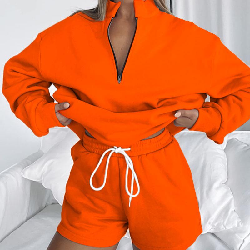 New Autumn-Winter Pure Color Stand Collar Zipper Pullover with Long Sleeves and Shorts: Women's Fashion Set