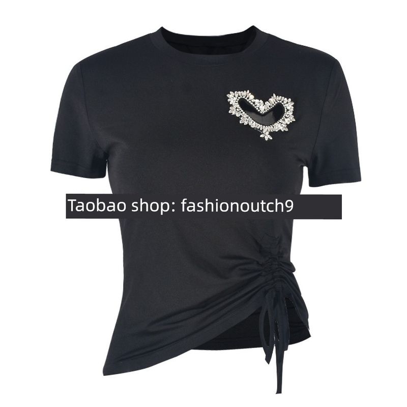 

2025 Rhinestone Hollow Lace up Short Sleeved Shirt Black L
