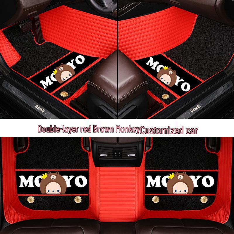 Custom Leather Car Floor Mats for Women - Cartoon Design, Double-Layer, Full Coverage