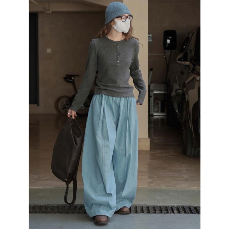 Johnature Winter Korean Style Retro Simple Elastic Waist Fleece Casual Wide-Leg Pants For Women Fashion Full Length Pants