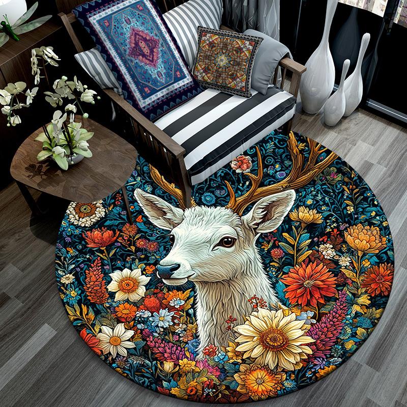 Deer Floral Round Area Rug,Carpet Rug for Living Room Bedroom Sofa Playroom Decor,Non-slip Floor Mat
