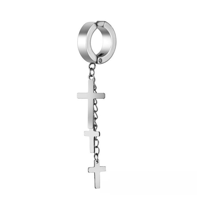 Titanium Steel Three Cross-shaped Earrings with Ear Hooks, Chain and Tassel Accessories, Ear Jewelry Pieces
