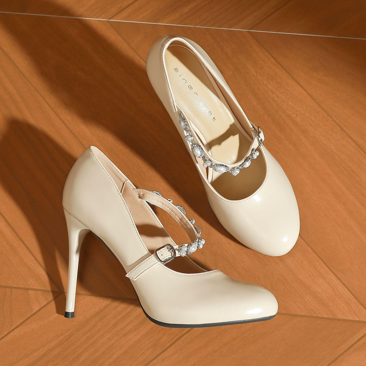 

15003 [sheepskin] high heels women s thin heels 2025 new Mary Jane shoes invisible waterproof table single shoes 39