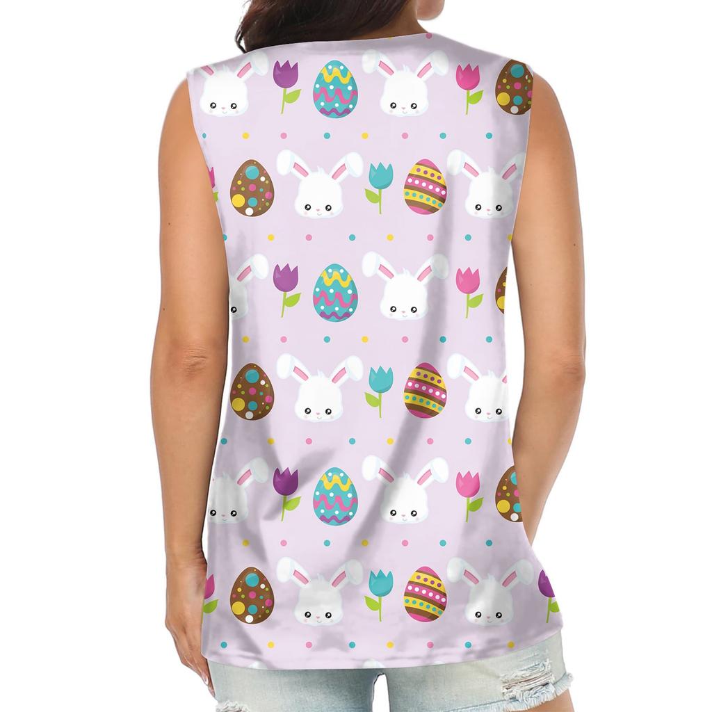 Women's Fashion Casual Easter Printed Round Neck Sleeveless T-Shirt Tops