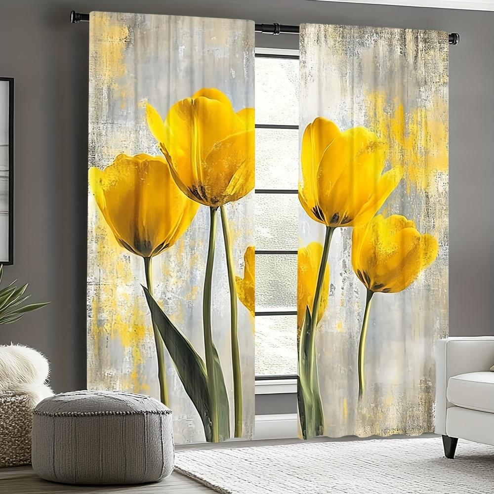 2PCS Elegant Yellow Floral Sheer Curtains Rod Pocket for Living Room Office Kitchen Bedroom Caf Holiday Home