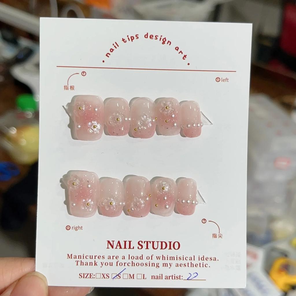 10Pcs Shiny Handmade Press On Nails Short Cute Flower French Ballet Full Cover Fake Nail Artificial Manicure Wearable Nail Tips