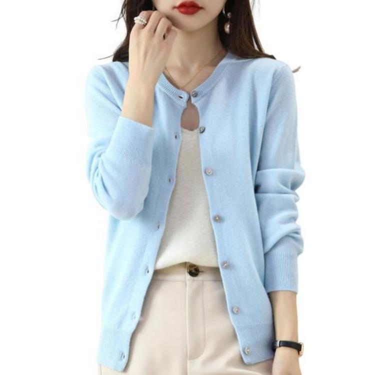 Long Sleeve Women Knitted Sweater Coat Single Breasted Round Neck