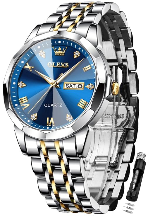 OLEVS Men's Stylish Quartz Watch, Waterproof, Simple Design, Diamond-Like Dial, Stainless Steel Band, Date Display, Luminous Design, Blue