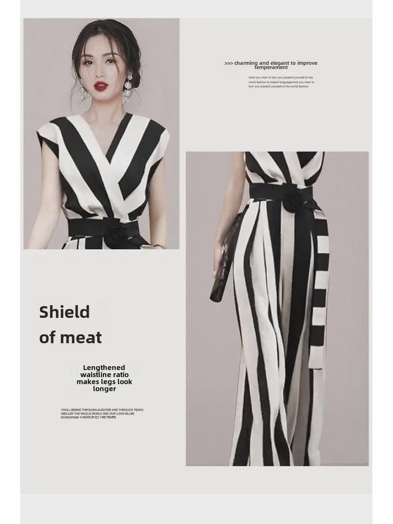 Sleeveless V-Neck Striped Jumpsuit with Waist Belt